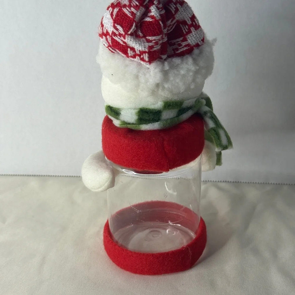 Snowman Christmas Candy Jar Plush Hat‎ Scarf Treat Container Holiday Decor